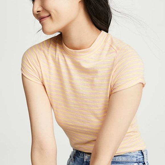 NWT Free People Salmon/Yellow Striped Summer Rose Combo T Shirt Medium Women's - Picture 1 of 3